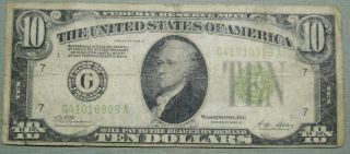 1928 B $10 Dollar Fed Reserve Note Lt Green Seal Grading Vg 0909a Pm2 photo