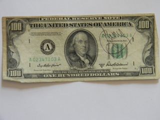 1950b One ($100.  00) Hundred Dollar Federal Reserve A Series Low Serial Note photo