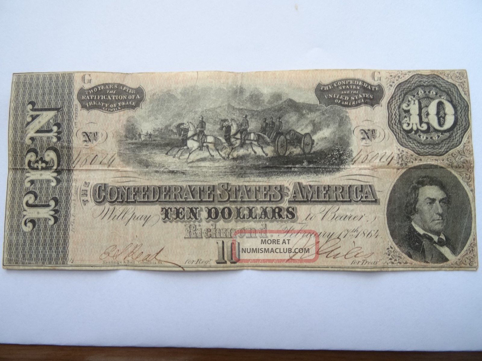 1864 10 Dollars Confederate Currency Circulated