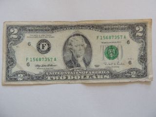 1995 Two Dollar $2 Federal Reserve F Series Green Seal Note+. .  ; photo