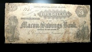 Scarce 1863 $5 Macon Savings Bank Georgia Obsolete Note photo