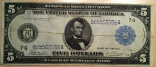 1914 $5 Large Size Federal Reserve Note Vf/xf Crisp photo