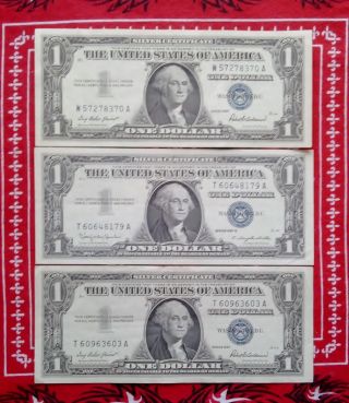 Three (3) 1957 $1.  00 Blue Seal Silver Certificates / Crisp, ,  Wow Factor photo