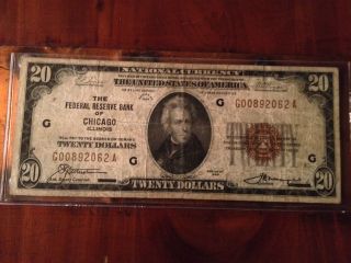 1929 Us National Currency $20; Brown Seal; The Federal Reserve Bank Of Chicago I photo