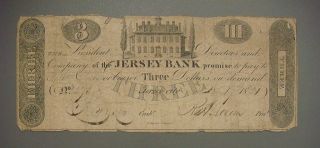 The Jersey Bank,  Three Dollars,  1821 (building Pictured) Signatures On Reverse photo