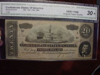 1864 $20 Confederate States Of America T - 67 Cga Very Fine 30 Opq photo