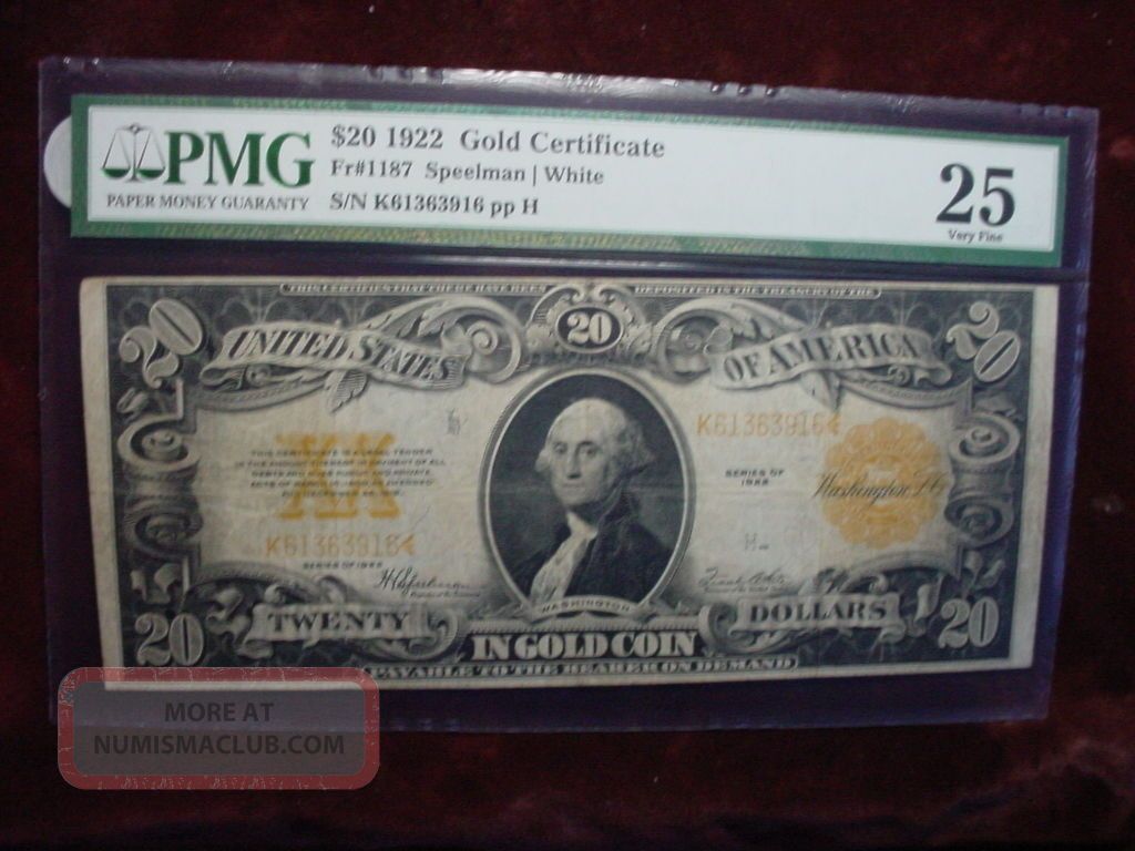 1922 $20 Gold Certifcate Fr - 1187 Pmg Very Fine 25 Large Size Notes photo