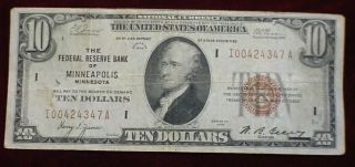 1929 $10 Frbn,  Minneapolis Fr - 1860 - I Fine + Scarce Note Only 588,  000 Printed photo