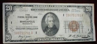1929 $20 Frbn Minneapolis Fr - 1870 - I Better Note Very Fine photo