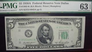 1950b $5 Frn,  Dallas Fr - 1962 - K,  Pmg,  Choice Uncirculated 63 Epq photo