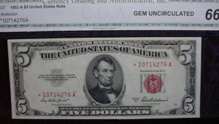 1953a $5 Star United States Note Fr - 1533 Cga Gem Uncirculated 66 photo