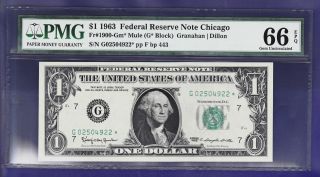 1963 $1 Federal Reserve Note Frn G - Star Cu Unc Pmg Gem 66 (mule) photo