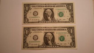 2 Sequential Serial Number One Dollar Bills photo