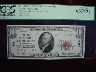 1929 $10 Nbn 1st Nat.  Bank Easthampton,  Ma.  Ch 428,  T - 2,  Pcgs Choice 63ppq photo