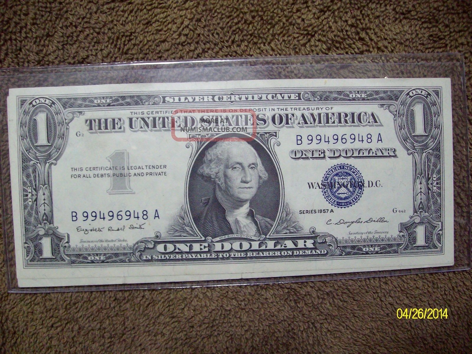 1957 Series A One Dollar Silver Certificate Serial B99496948a Blue Seal