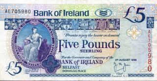 Northern Ireland 5 Pounds 1998 P - 74b Vf ' Bank Of Ireland ' photo