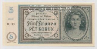 Bohemia And Moravia,  5 Korun 1940 Unc,  Specimen,  Wwii Banknote photo