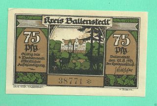Germany Ballenstedt 75 Pfg.  1921 Unc Notgeld 38771 photo