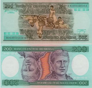 Brazil 200 Cruzeiros Banknote P - 199b,  Unc South America photo