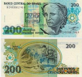 Brazil 200 Cruzeiros/200 Cruzados Novos P - 225,  1991 Unc Banknote South America photo