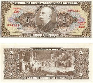 Brazil 5 Cruzeiros 1962 Banknote P - 176d,  Unc South America photo