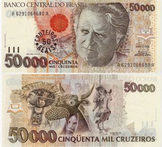 Brazil 50 Reais On 50000 Cruzeiros Unc P - 237 Banknote 1993 South America photo