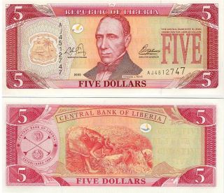 Liberia $5.  00 Dollars 2003 P - 26a Unc Banknote Africa photo