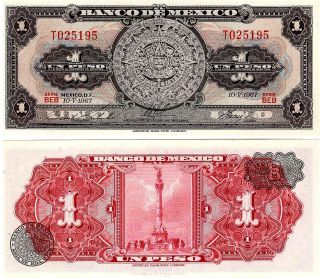 Mexico P - 59j,  1 Peso Aztec Calendar 1967 Unc Banknote photo
