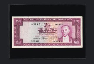 Turkey 2.  ½ Lira 5 Ems.  1955.  Vf++ (7++ / 10) P.  151 Serial - L 7 - photo