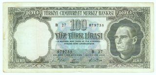 Turkey 100 Lira 5 Ems.  1964. .  Vf.  (7/10).  P.  177a Serial B 27 photo