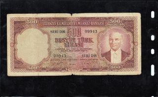 Turkey 500 Lira 5 Ems.  15 - 4 - 1953. .  Fine. .  P.  170 Rare photo