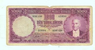 Turkey 1000 Lira 5 Ems.  1953 Fine P.  172 Rare photo