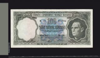 Turkey 100 Lira 5 Ems.  1964. .  Xf.  (8/10).  P.  177a Serial B 18 054786 photo