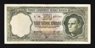 Turkey 100 Lira 5 Ems.  1964. .  Vf++.  P.  177a Serial S 20 037753 photo
