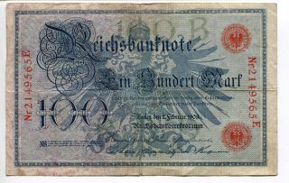 Germany Deutschland 100 Mark 1908 Circulated Reichsbanknote Red Seal F+ photo