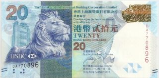 Hong Kong 2010 Banknote 20 Dollars Hsbc Asian Currency Unc Money photo