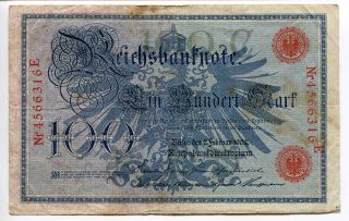 Germany Deutschland 100 Mark 1908 Circulated Reichsbanknote Red Seal F photo