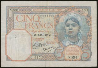 Algeria 5 Francs 19.  12.  1927,  P.  77a photo