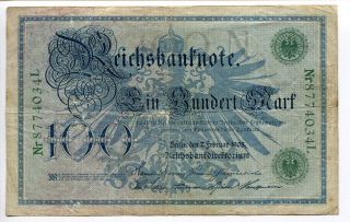 Germany Deutschland 100 Mark 1908 Circulated Reichsbanknote Green Seal F photo