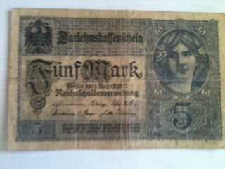 German Empire 1917 Five (5) Mark Note photo