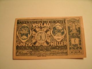 1920 Funfzig Heller Kassenschein Des Kurortes Voslau Note photo