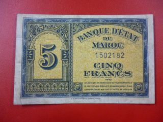 Morocco Banknote 5 Francs Pick 24 Vf+ 1943 photo