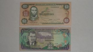 Jamaica $100 Banknote (1993) - Jamaica $2 Banknote (1993) photo