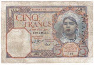 Algeria Tunisia Overprinted 5 Francs 1941 Pick 8 Look Scans photo