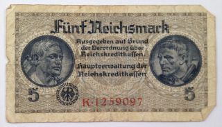 Ww2 1939 - 1945 Nazi Germany Occupation 5 Reichsmark Banknote Third Reich Moneya photo