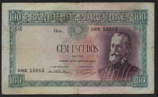 Banco De Portugal,  100 Escudos,  22.  6.  1954,  P 159,  Ch.  6,  Prefix Dmk photo