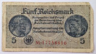Ww2 1939 - 1945 Nazi Germany Occupation 5 Reichsmark Banknote Third Reich Money B photo