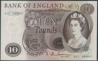 Tmm 1964 - 66 Great Britain Bank Note10 Pounds J Q Hollam P376a Au photo