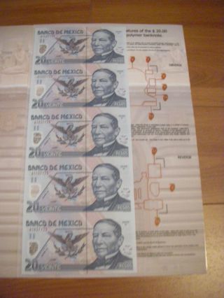 Mexico 20 Pesos 23.  5.  2003 Pick 116d - Uncut Sheet Of 5 With Presentation Folder photo