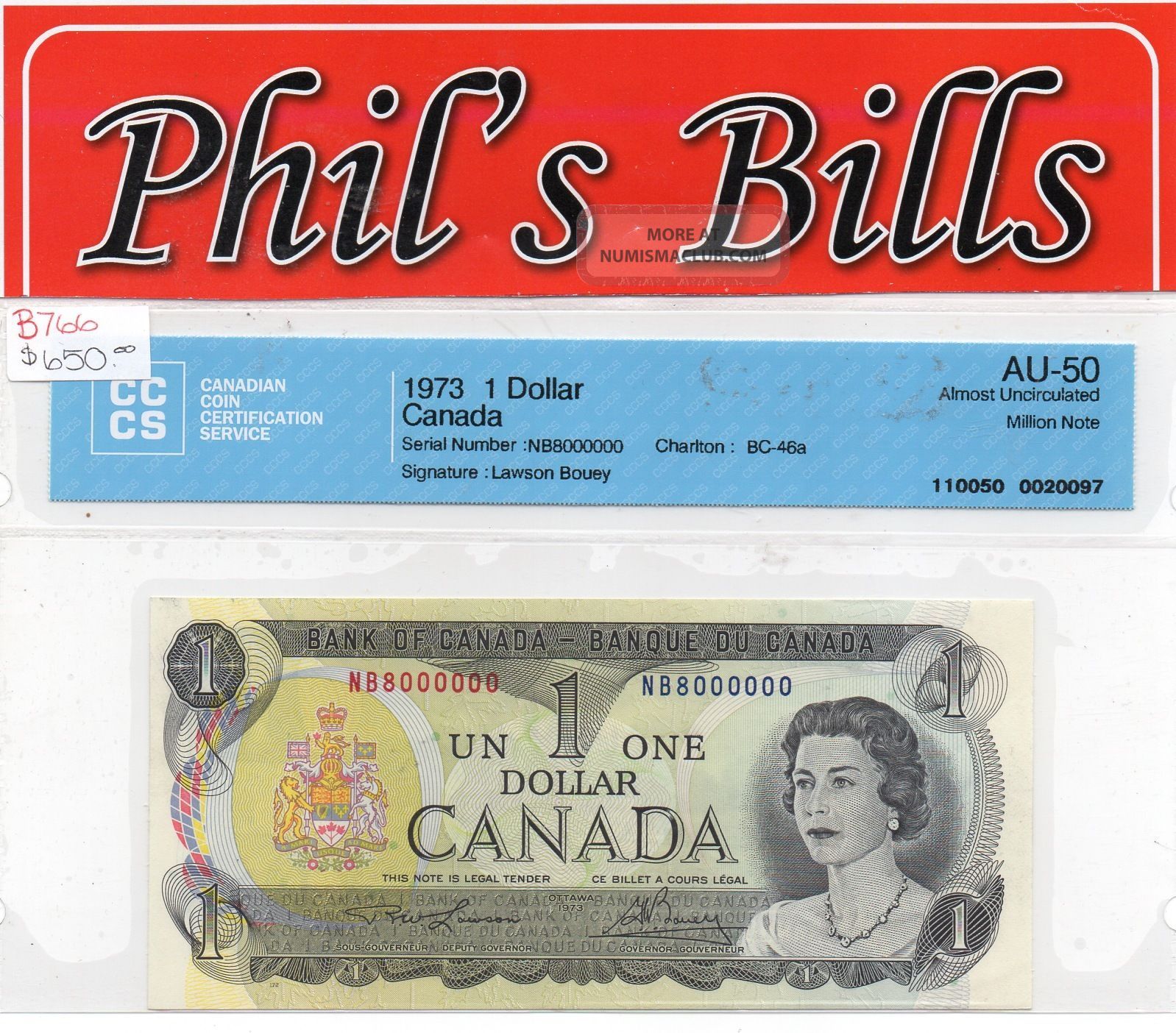 1973 $1 Bank Of Canada Au - 50 Million Note S :nb8000000 Bc - 46a Law